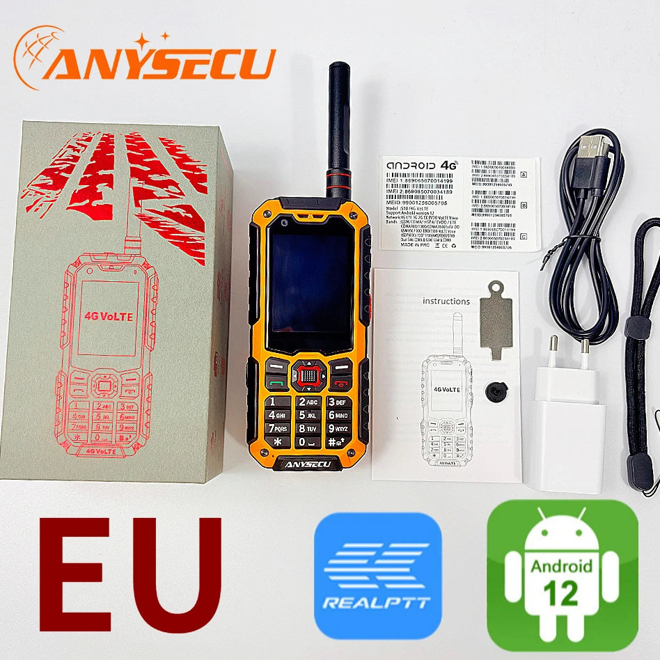 Anysecu S10 4G LTE Walkie Talkie Android 12 Dual Mode PoC Analog UHF Two Way Radio GPS Zello 3500mAh Dual SIM Touch Screen BT4.2
