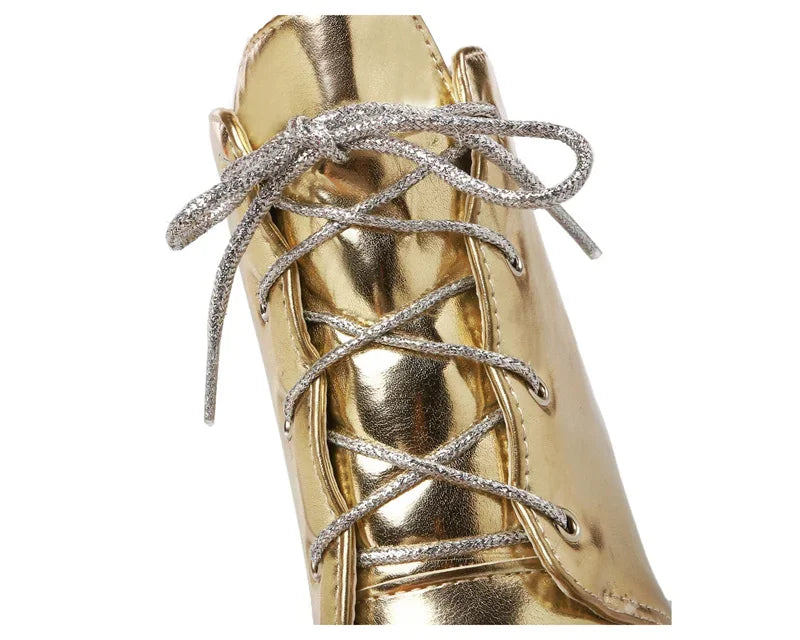 British Silver Gold Ankle Boots Women High Chunky Heels Dress Lady Round Toe Lace-up Spring Autumn Vintage Platform Short Boots