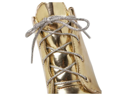 British Silver Gold Ankle Boots Women High Chunky Heels Dress Lady Round Toe Lace-up Spring Autumn Vintage Platform Short Boots