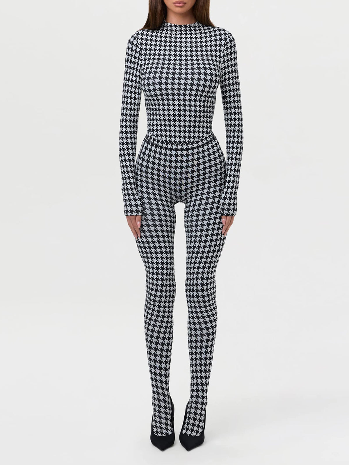Women's fashionable printed high neck long sleeved sexy high waist slim fit jumpsuit
