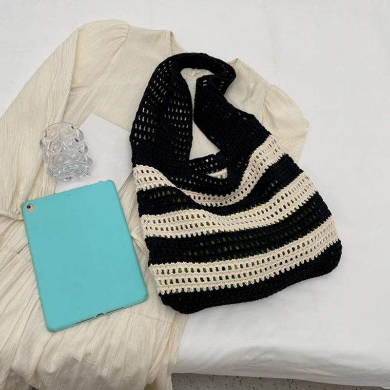 Wool Plush Woven Women Shoulder Bags Ladies Stripe Designer Knitted Braid Handbags Tote Summer Beach Shopper Purses
