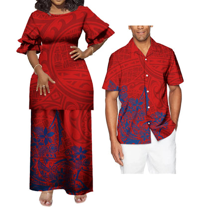 New Wholesale Custom Polynesian Tribal Design Petal Sleeve Samoan Puletasi Set Ptaha Plus Size Women 2 Piece Outfits Sets Dress
