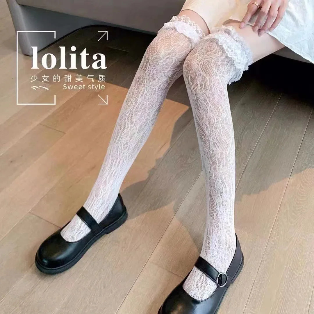 Women Lolita Fishnet Thigh High Socks Japanese Style Heart Striped Lace Patterned Over Knee Long Stockings Ruffled Frilly Kawaii