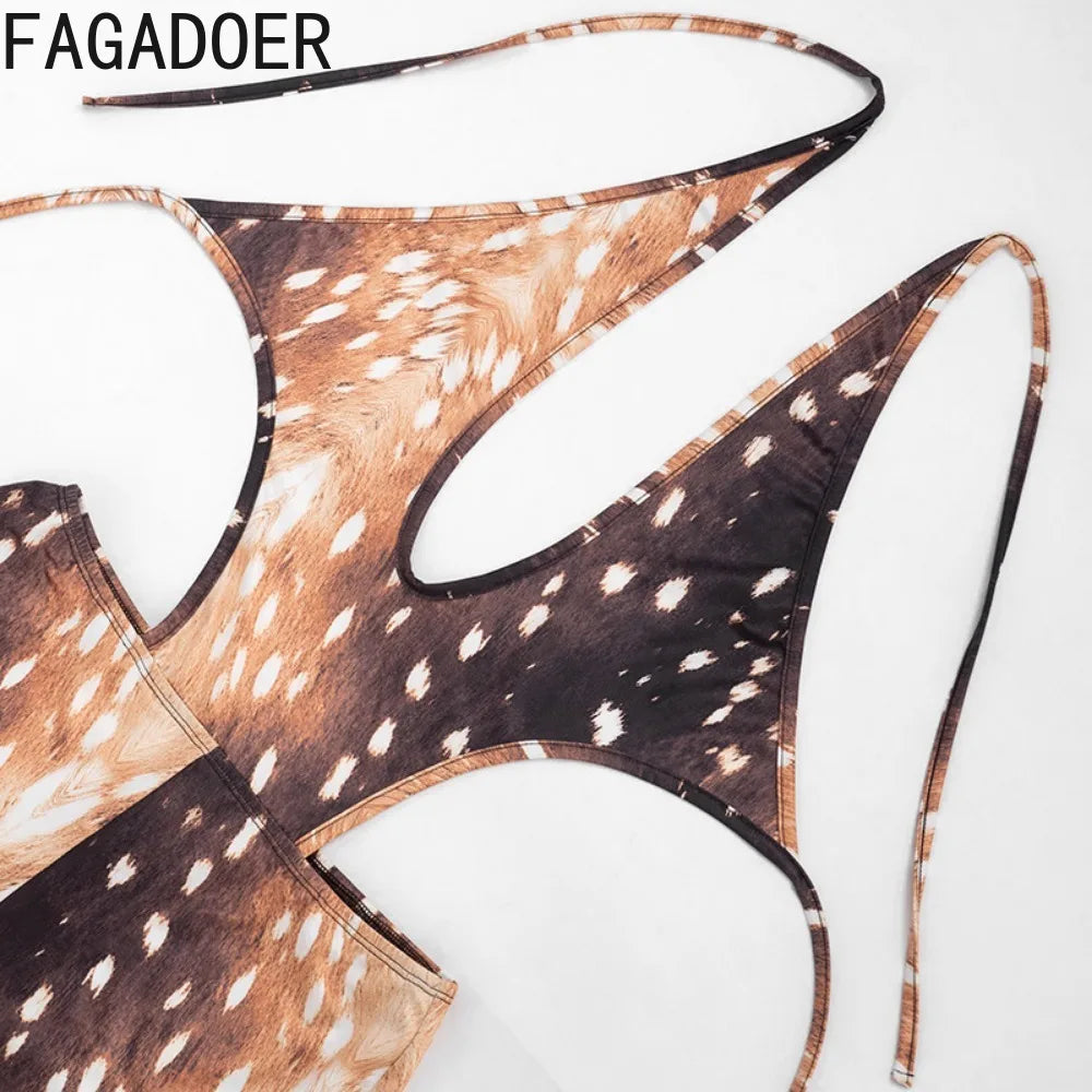 FAGADOER Deer Print Sexy Hollow Out Romper Hot Girl Bandage Halter Shorts Backless Bodycon Jumpsuits New Trendy Streetwear