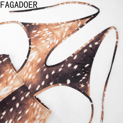 FAGADOER Deer Print Sexy Hollow Out Romper Hot Girl Bandage Halter Shorts Backless Bodycon Jumpsuits New Trendy Streetwear