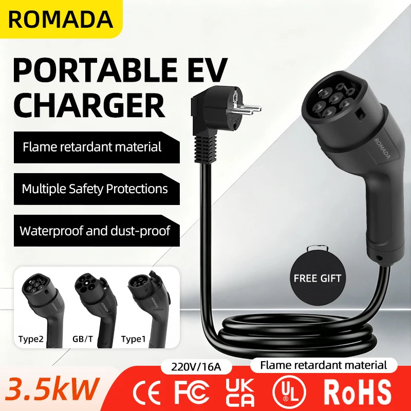 Portable 3.5KW 16A EV Charger with 3M-20M Cable Type2 IEC62196 EU Plug Wallbox Adapter Plug And Charge for Electric Vehicles