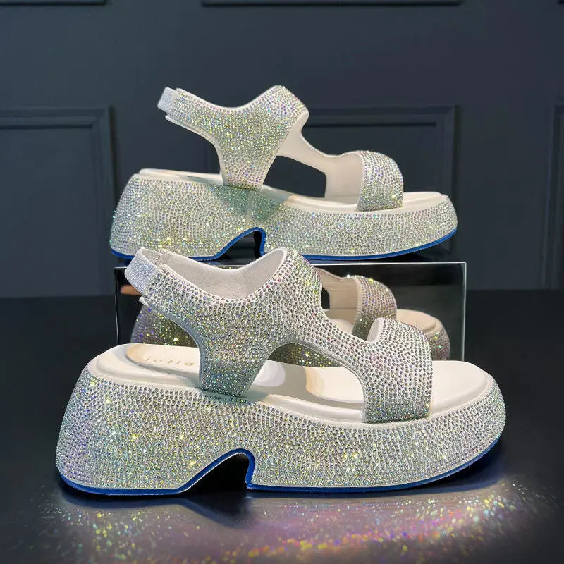 Fashion Luxury Rhinestone Women Sandals Summer New Sheepskin Elastic Band Thick-soled Open-toed Roman Flat Sandals
