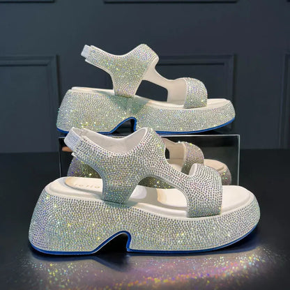 Fashion Luxury Rhinestone Women Sandals Summer New Sheepskin Elastic Band Thick-soled Open-toed Roman Flat Sandals