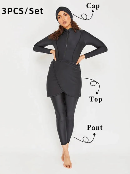 3PCS/Set Muslim Modest Burkini Swimwear Women Long Sleeves Swimsuit Islamic Bathing Suit Swim Hijab Pant, Quick Drying, UPF50+