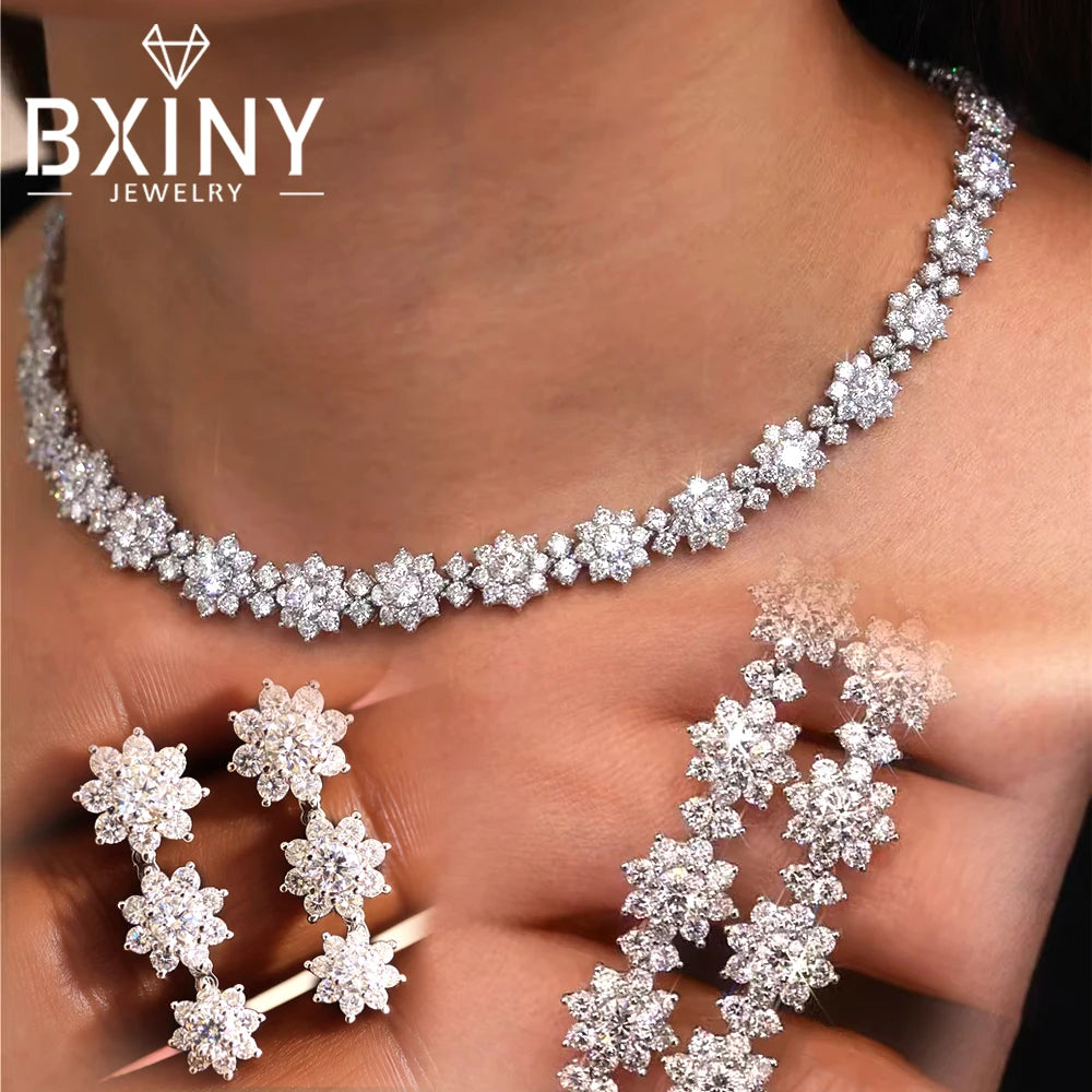 BXINY Luxury Sunflower Moissanite Jewelry Set Necklace&Bracelet 100% S925 Silver Certified Diamond for Women Bride Wedding Gifts