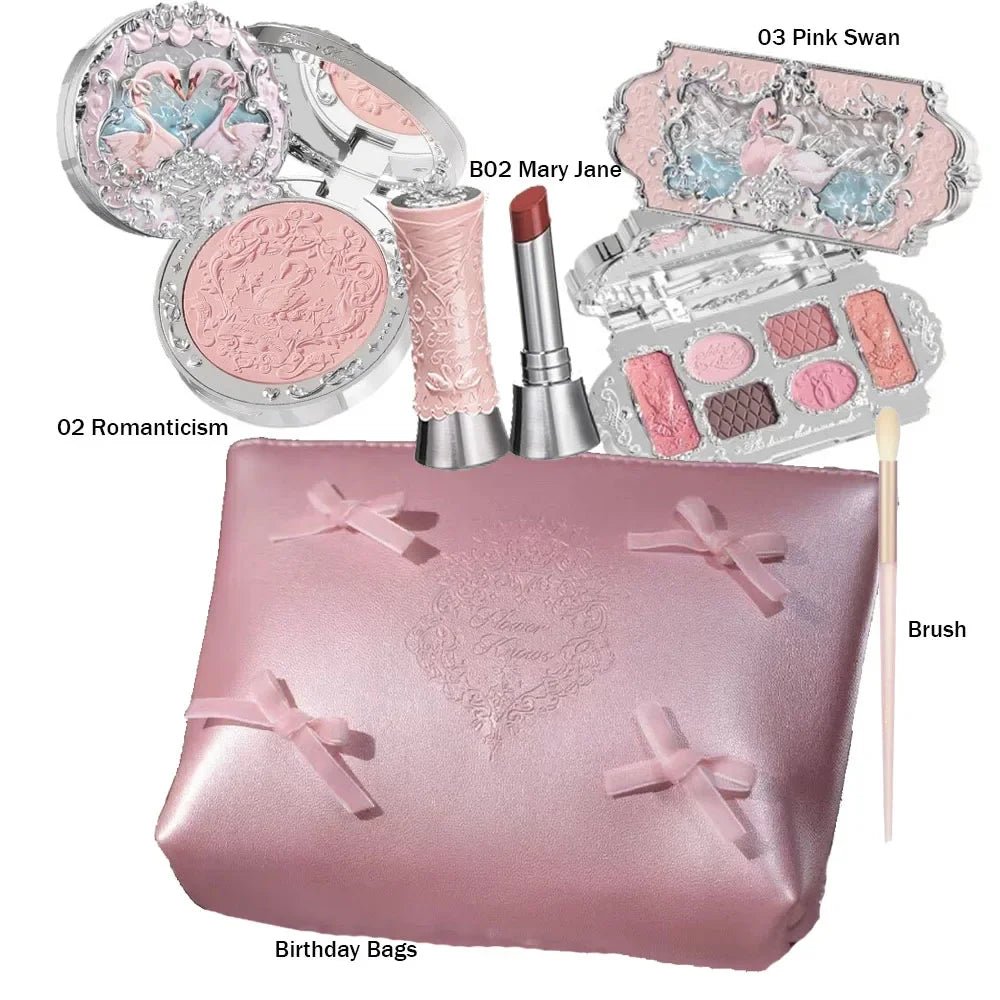 Makeup Flower Knows Set Swan Ballet Series Six Color Eyeshadow Palette Embossed Blusher Shine Lipstick Kit With Bag All In