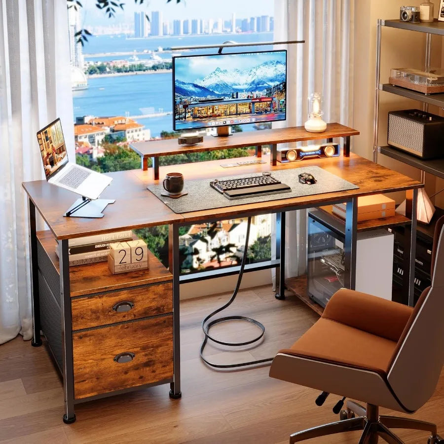 51" Computer Desk with Outlets and LED, Desk with Drawers, Brown