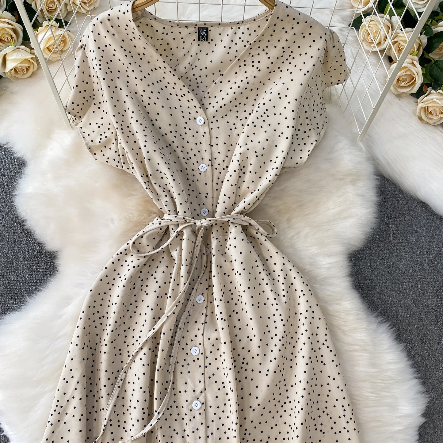 Summer Women Polka Dot Long Dress Vintage V-Neck Flying Sleeve High Waist Single Breasted A-Line Casual Vestidos Female Robe New
