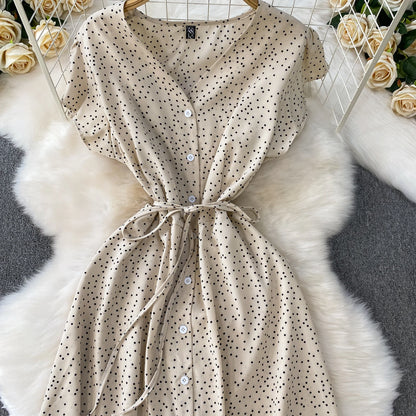 Summer Women Polka Dot Long Dress Vintage V-Neck Flying Sleeve High Waist Single Breasted A-Line Casual Vestidos Female Robe New