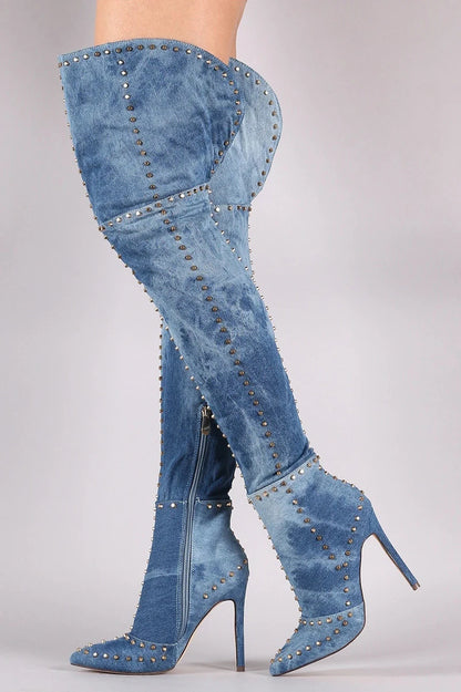 Sexy Green Blue Suede Gold Studs Women Over The Knee Boots Ladies High Heel Thick Slip On Point Toe Rivets Motorcycle Botas