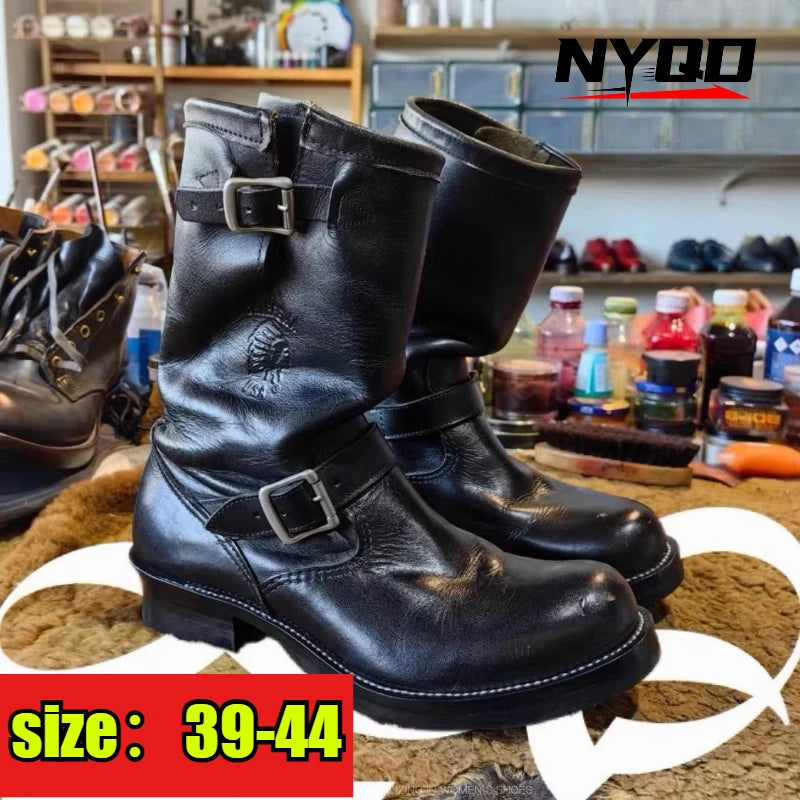 Men's Retro Motorcycle Boots Black Real Leather Knight Cargo Boots Trendy Round Toe Shoes botas para moto motorcycle boots