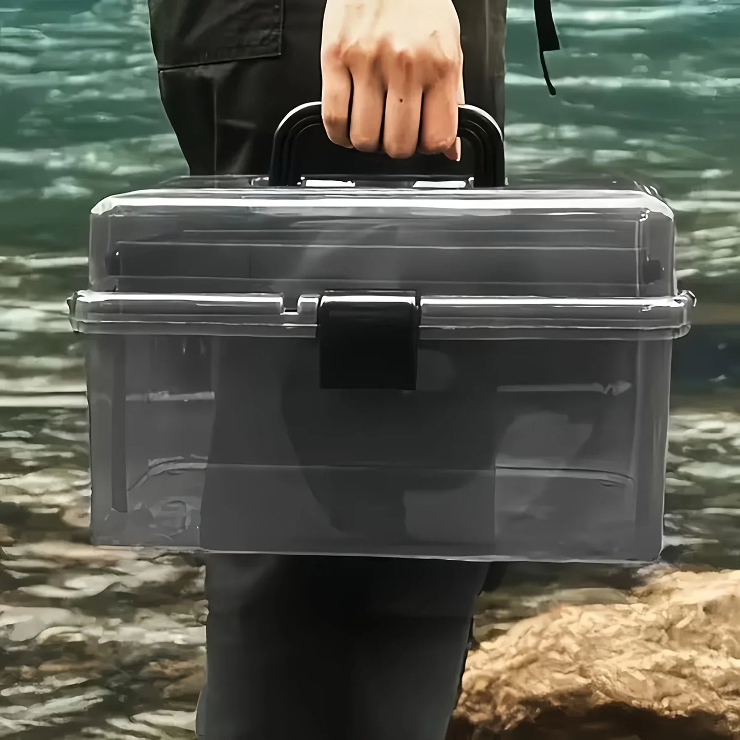 Durable PE Fishing Gear Box | Large Capacity, Black Transparent Design | Built-in Lock, Heavy-duty