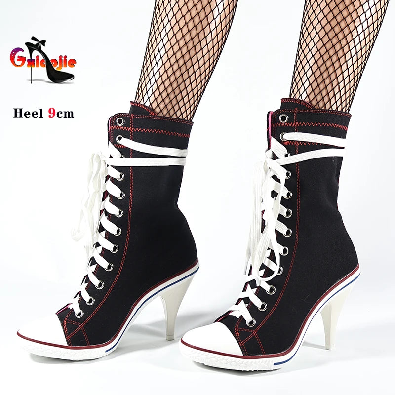 Sport Style Lace Up Denim Boots Ladies Retro Cowboy Dress Shoes Female Unique Shoes Casual Studded High Heels Spring Autumn Boot