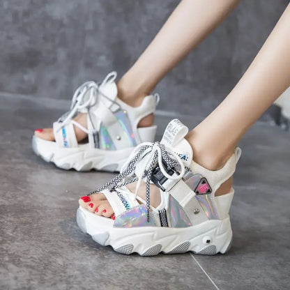 Maogu Mixed Color Shoes Sports Wedge White Sandals Women High Heel Beach Casual Shoe Leisure Lady Platform Chunky Sandals
