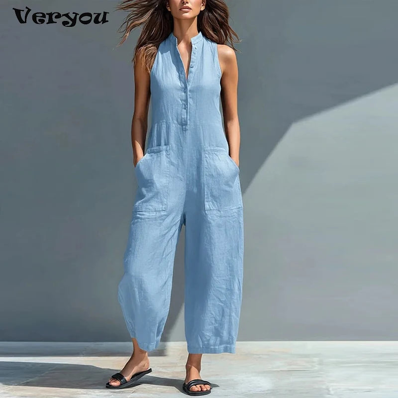 Summer Sleeveless Jumpsuit Women V Neck Solid Color Pocket Cotton Linen Long Pants Jumpsuits Women Romper Commuting Playsuits