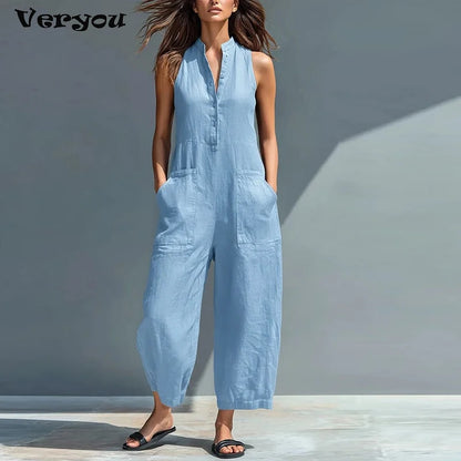 Summer Sleeveless Jumpsuit Women V Neck Solid Color Pocket Cotton Linen Long Pants Jumpsuits Women Romper Commuting Playsuits