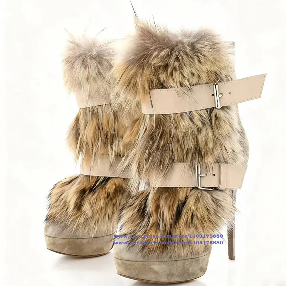 Brown Faux Fur Ankle Boots Belt Buckle Stiletto Heels Platform Zipper Women Shoes Novelty Designer Boots Party Botas Mujer