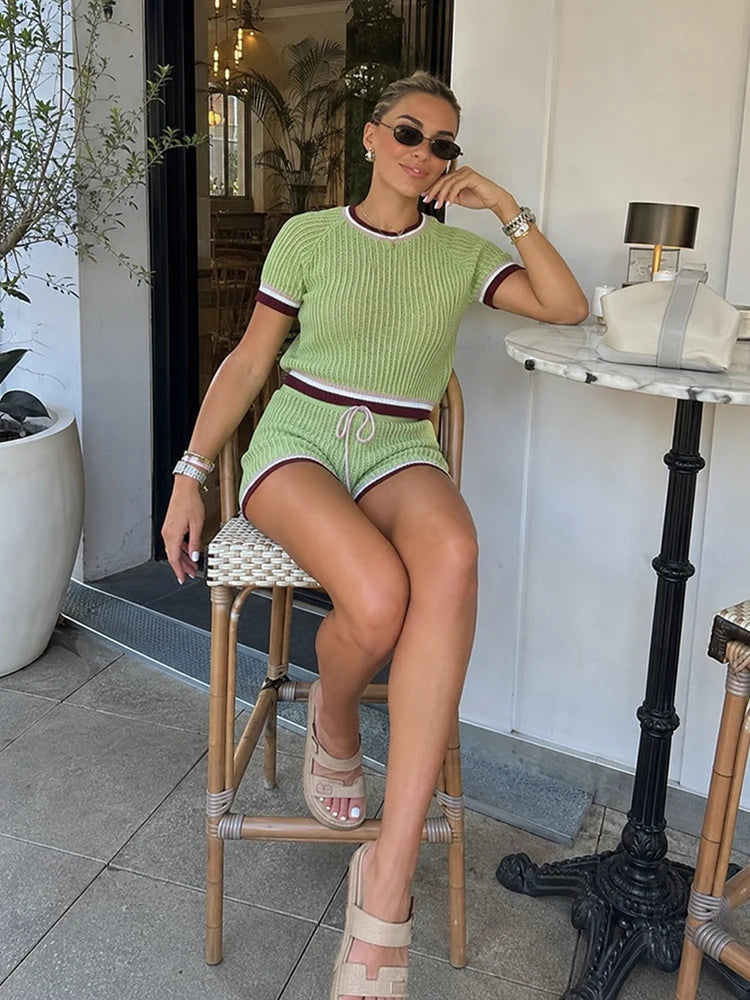 Casual Knitted Pants Set Round Neck Green Sleeves Top Drawstring Shorts 2pcs Sets 2026 Summer Vacation Commute Daily Lady Suit