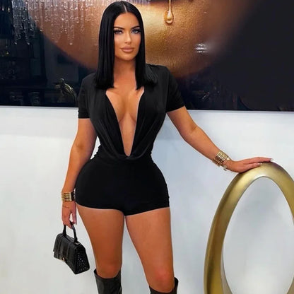 Sexy Deep V-neck Solid Bodycon Romper for Woman Jumpsuits Short Sleeve Skinny One Pieces Playsuit Club Party Combishort Femme