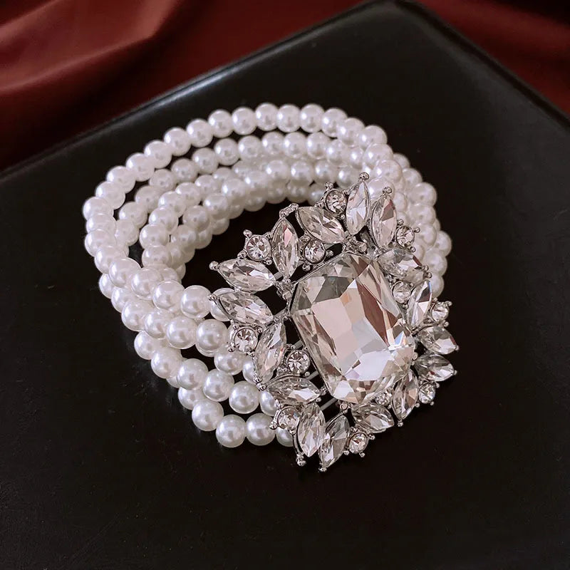 Shiny Big Square Zircon Bracelets Elegant Imitation Pearl Multi-layer Chain Bracelets Bangles for Women Party Wristbands K-