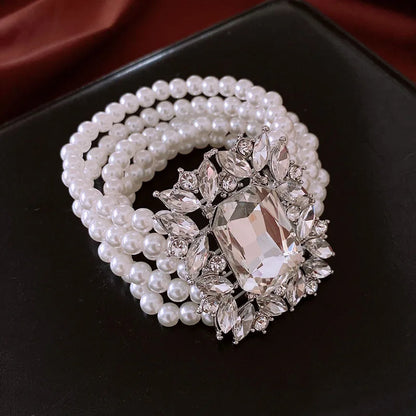 Shiny Big Square Zircon Bracelets Elegant Imitation Pearl Multi-layer Chain Bracelets Bangles for Women Party Wristbands K-
