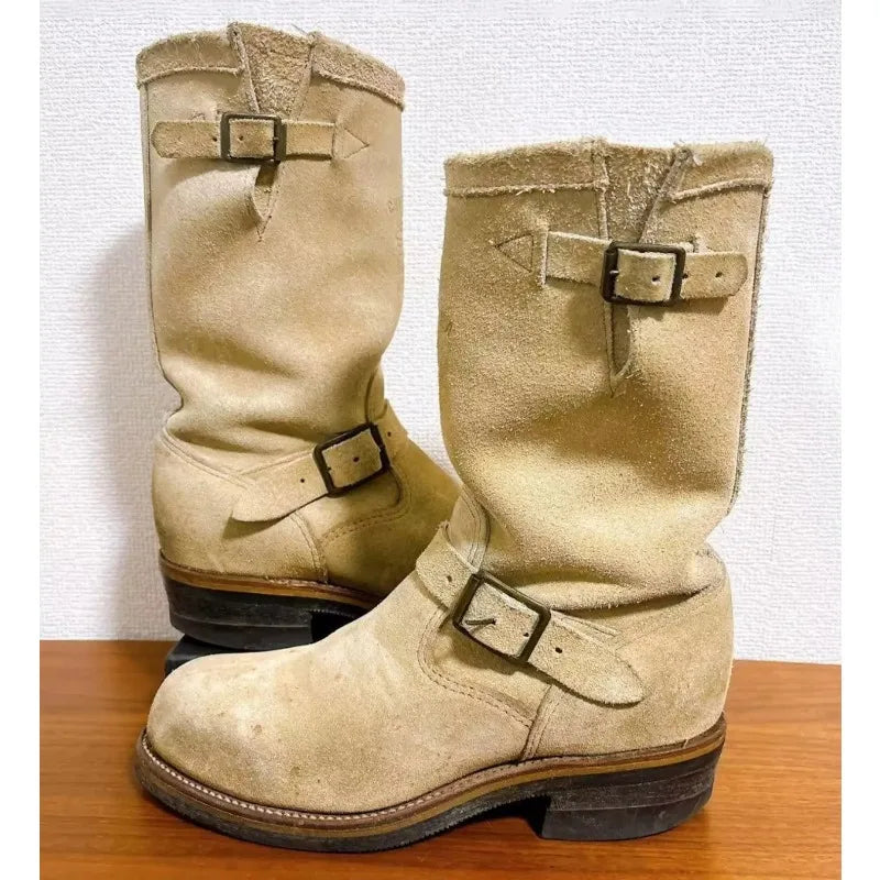 Handmade Vintage Velvet Khaki Work Boots Men's American Style Mid-Calf Retro Thick Bottom Belt Buckle Motor Vehicle Engineeri