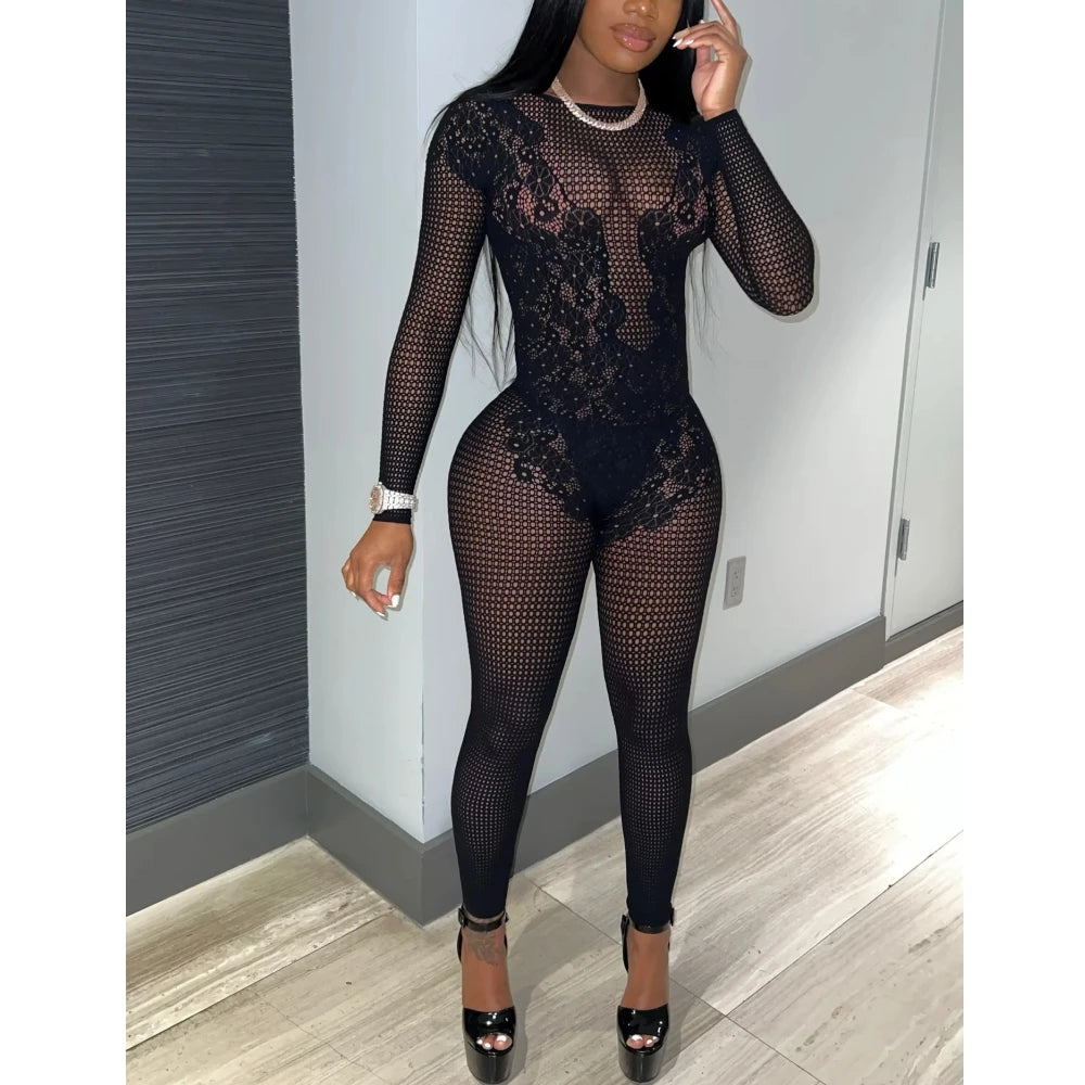HLJ&GG Black Sexy High Quality Stretchy Knit See Though Bodycon One Piece Jumpsuits Women Long Sleeve Slim Playsuits Streetwear