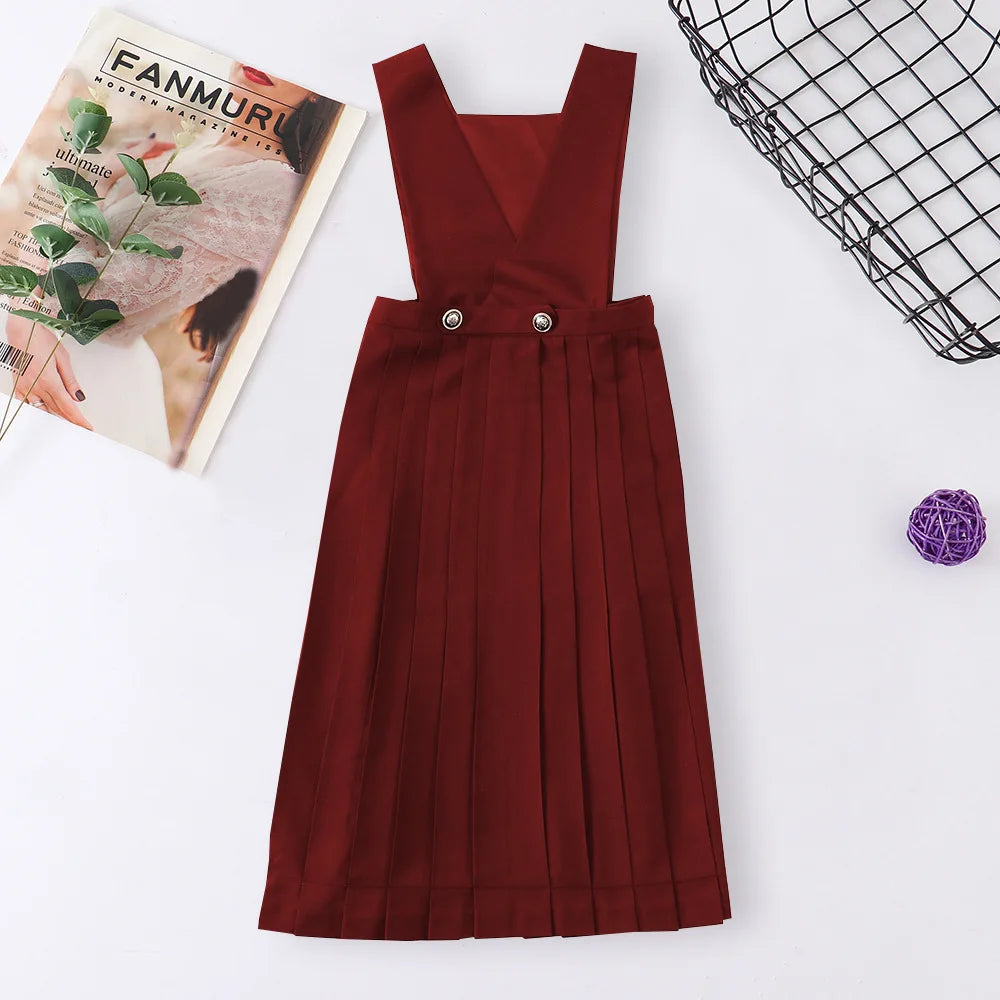 Japanese Korean Class High School Student Girl Long Pinafore Pleated Dress  JK Uniform Cosplay Seifuku Schoolgirl Sundress