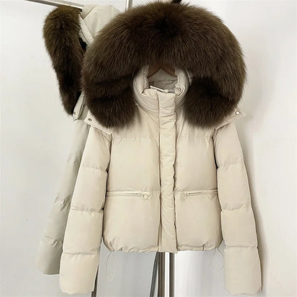 women's winter down jacket 2026 new detachable fox fur collar hooded women's down coat White duck down filled warm thick coat