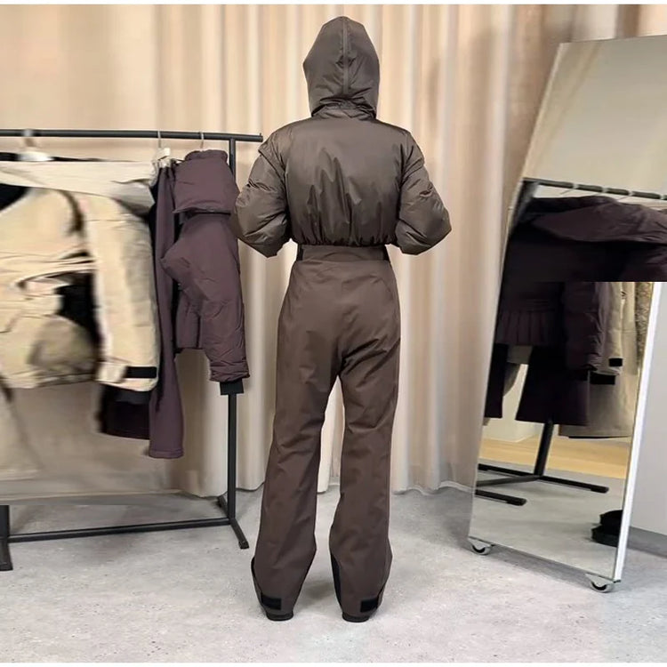 Detachable Hooded Ski Suit Jumpsuit Woman Zipper Color Blocked Long Sleeve Slim Warm Jumpsuits Sports Casual Women's Ski Suits