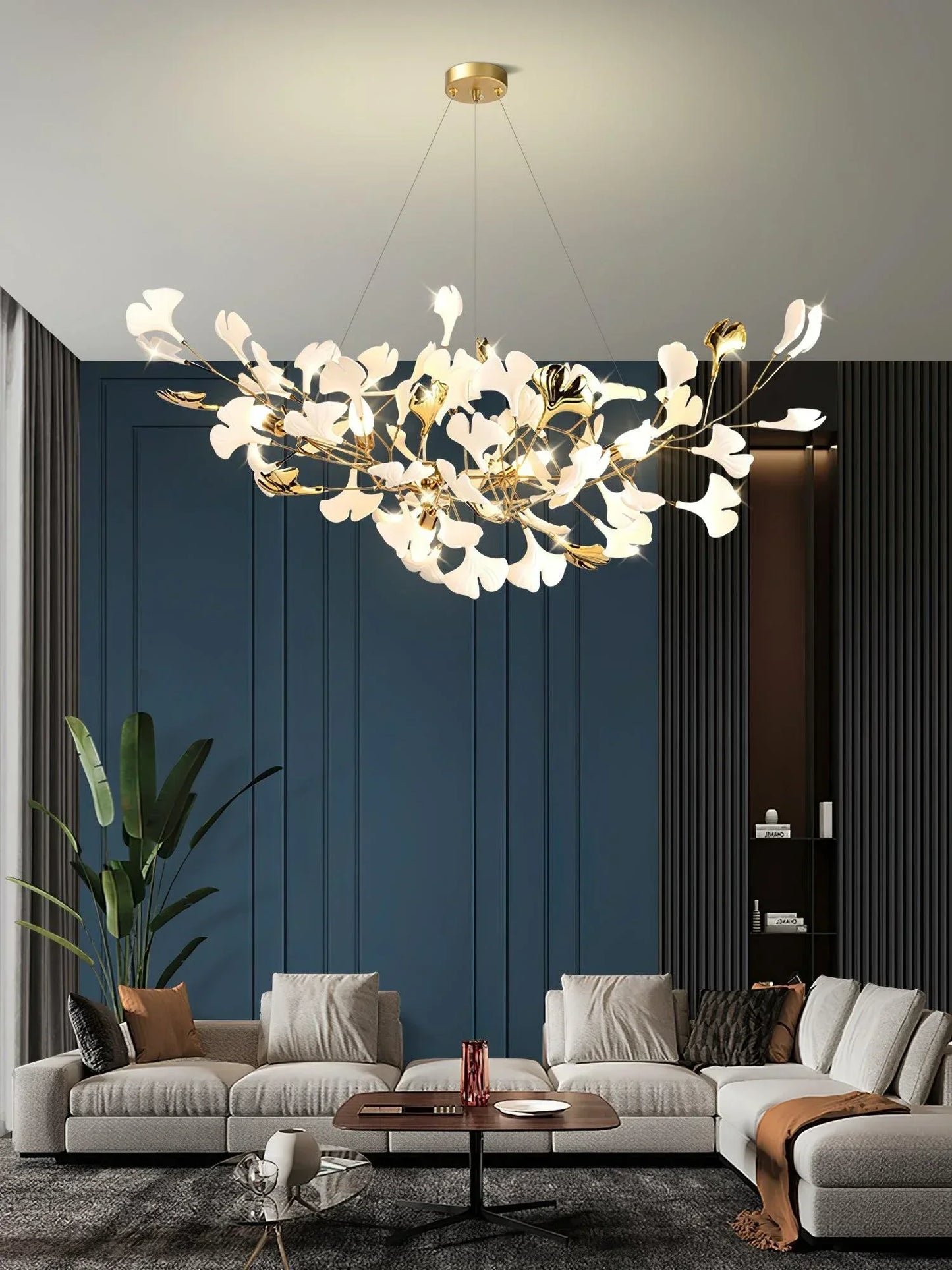 Modern Ceramics White Long Ginkgo Leaf LED Pendant Light Decoration Villa Living Room Ceiling Chandelier Indoor Hanging Lights