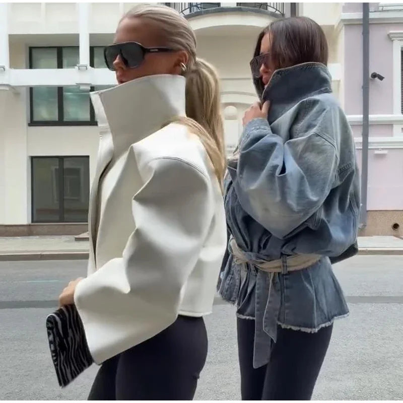 Women Cropped PU Leather Jacket Stand Collar Wide Flare Sleeve Asymmetrical Wrap Open Front Coat 2026 Autumn Chic Loose Jackets