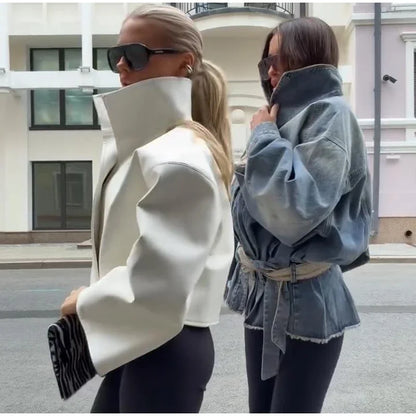 Women Cropped PU Leather Jacket Stand Collar Wide Flare Sleeve Asymmetrical Wrap Open Front Coat 2026 Autumn Chic Loose Jackets
