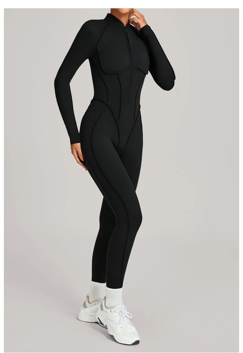 Women's Winter Yoga Jumpsuits Sports Fitness Hip-Lifting Slimming One-piece Zipper Long-Sleeved Outdoor Gym Workout Bodysuits