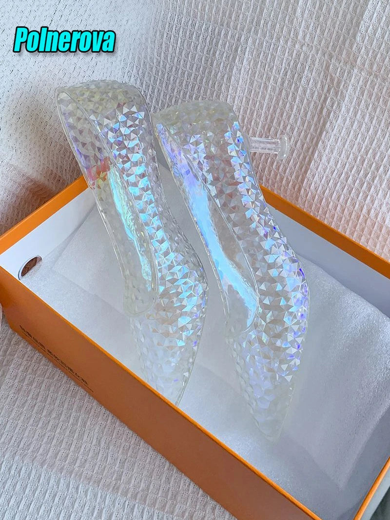 Transparent Crystal High Heels Wedding Bridal Shoes Luxury Pointed Toe Round Heel Women Pumps Elegant Fairy Banquet Party Shoes