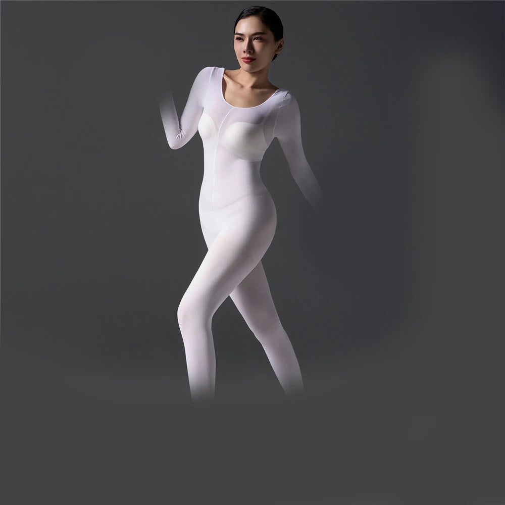 Sexy Women 120D Tights Hooded Mask Elastic Bodysuit Sheer See Through Rompers Glove Jumpsuits Cosplay Maid Leotard