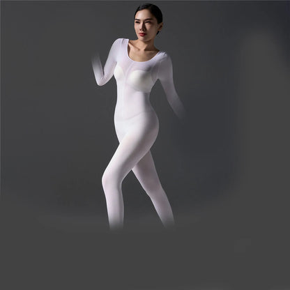 Sexy Women 120D Tights Hooded Mask Elastic Bodysuit Sheer See Through Rompers Glove Jumpsuits Cosplay Maid Leotard