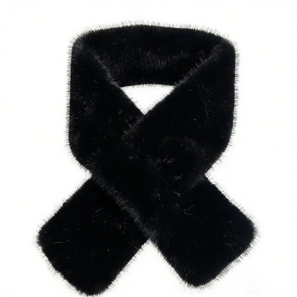 Winter Warm Faux Mink Fur Cross Scarf Solid Color Soft Neckerchief Wrap Thickened Neck Warmer Collar Scarf Autumn Winter