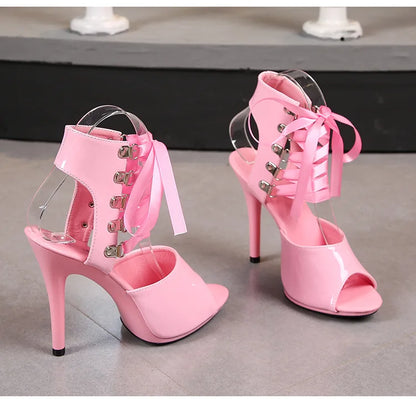 2025 New Sexy Pink High Heels 11cm Women's Shoes Fine Heels Round Head Ladies Pumps Ankle Lace-up Buckle Sandals Nightclub Shoes