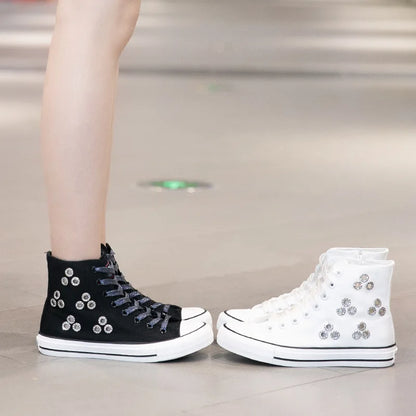 Breathable Hollow Canvas Short Boots Summer Women Black Casual Shoes Punk Rivet Flat Bottomed Shoes 2CM Woman High top Sneakers