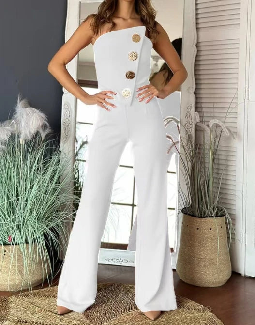 Jumpsuit Women Spring Fashion Rhinestone Fishnet Patch Sexy Plain Asymmetrical Neck Long Sleeve Skinny Daily Flared Leg Jumpsuit