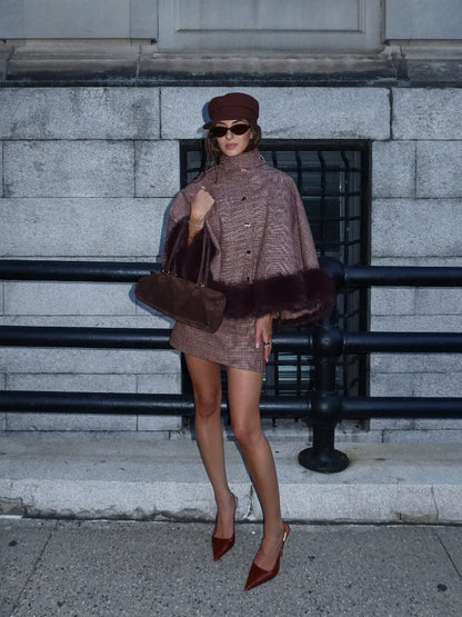 Elegant Plaid Cape Skirt 2 Piece Set Women Chic High Waist Single Breasted Faux Fur Hem Shawl Coat Suit Fall Winter Party Outfit