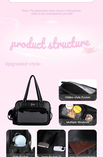 TINYAT PU Y2K Ita Bag Tote Lolita Girl Clear Window Display Message Bag Large Capacity Daily Commuting Handbag for Women School