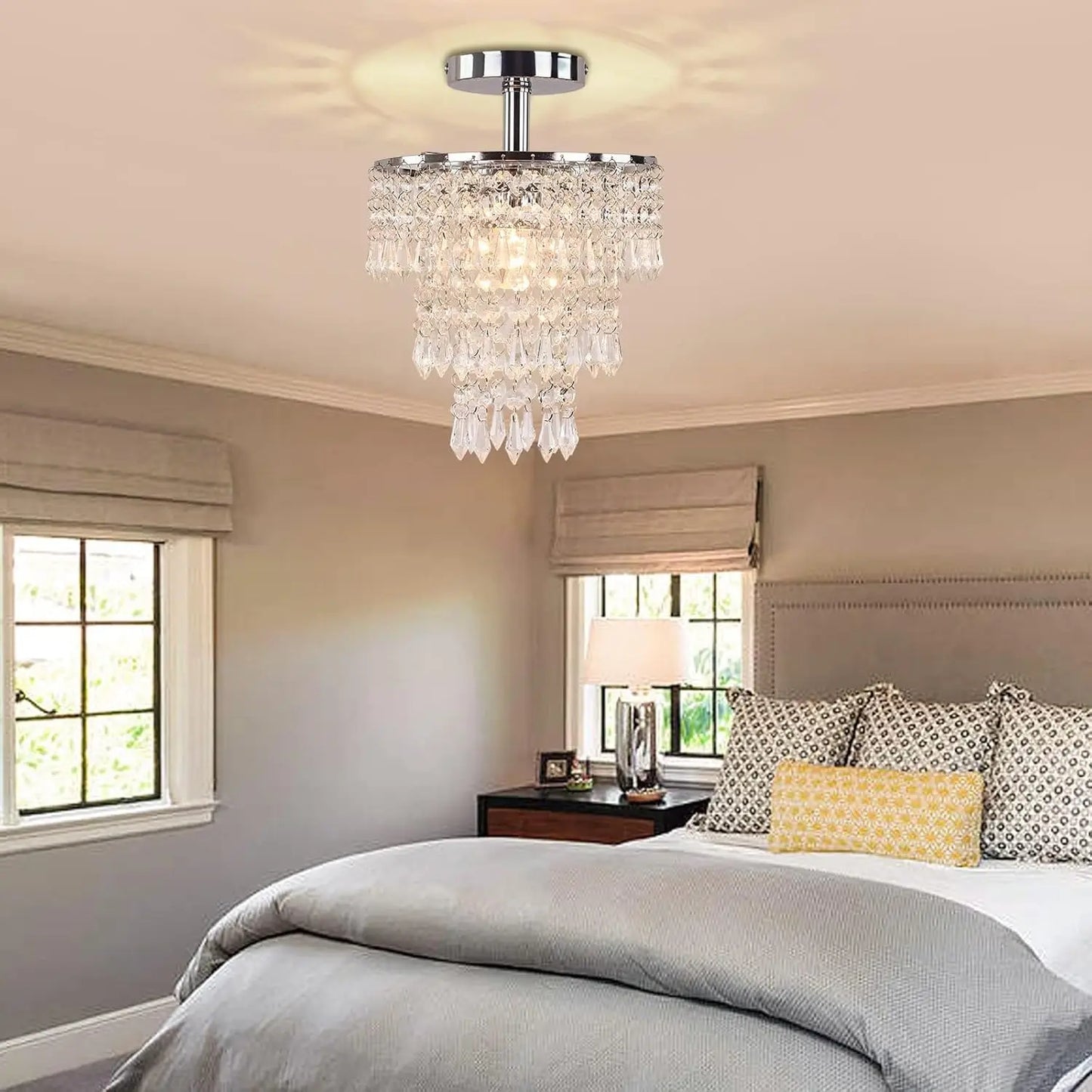 Small Crystal Chandelier Led Crystal Ceiling Lights 3 Tiers Crystal Raindrops Chandelier Pendant Lighting Fixture Decoration for Bedroom Hallway Living Room,Chrome, E26