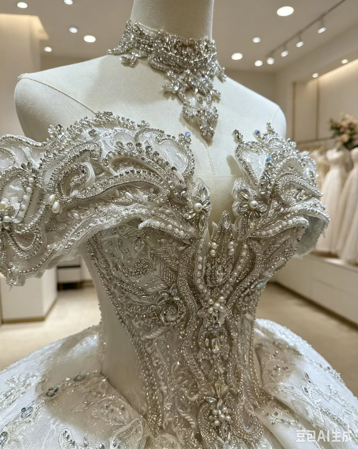 Luxury Off Shoulder Wedding Dress For Bride Heavy Beaded Rhinestone Bridal Gown High Neck Decor Cathedral Train Lace‑Up Custom